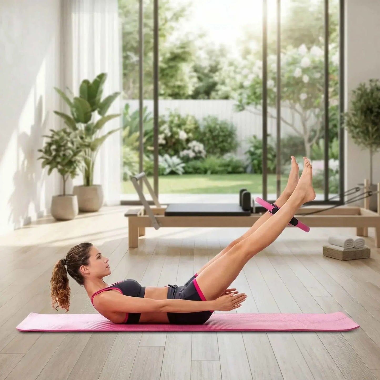 Femme anneau pilates rose reformer studio lumineux