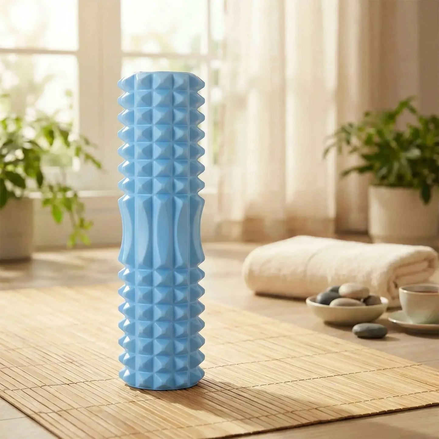 rouleau de massage bleu salon plantes